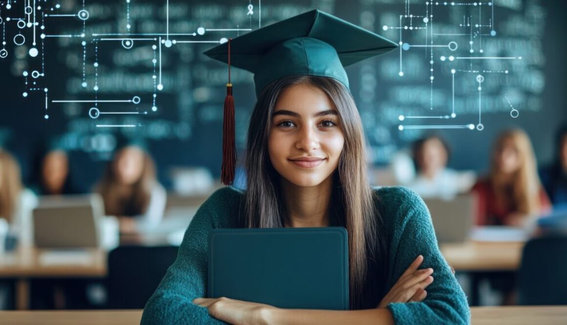 Graduate Student Smiling with a Laptop in a Classroom Setting