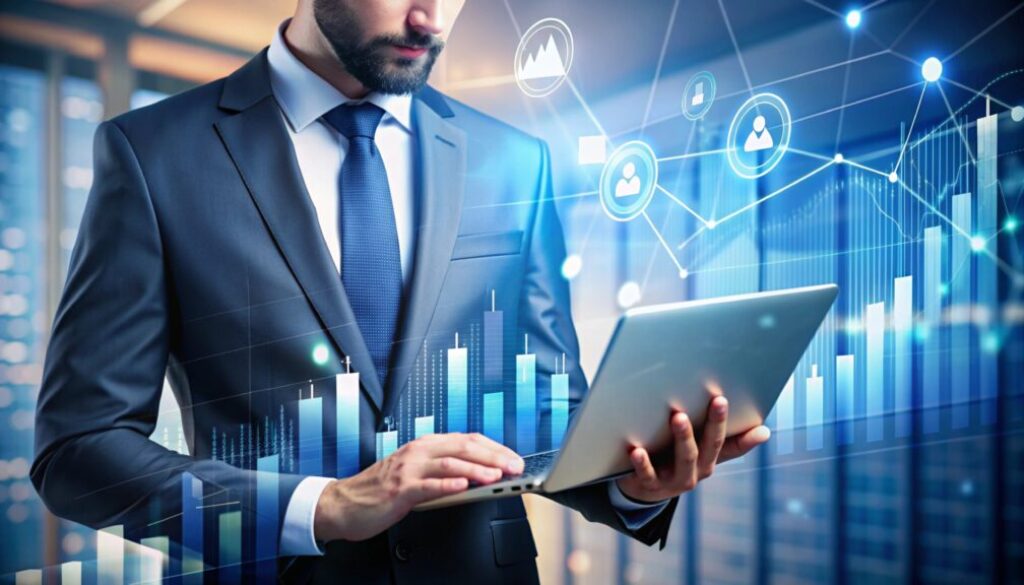 Businessman using laptop with data visualizations and charts.