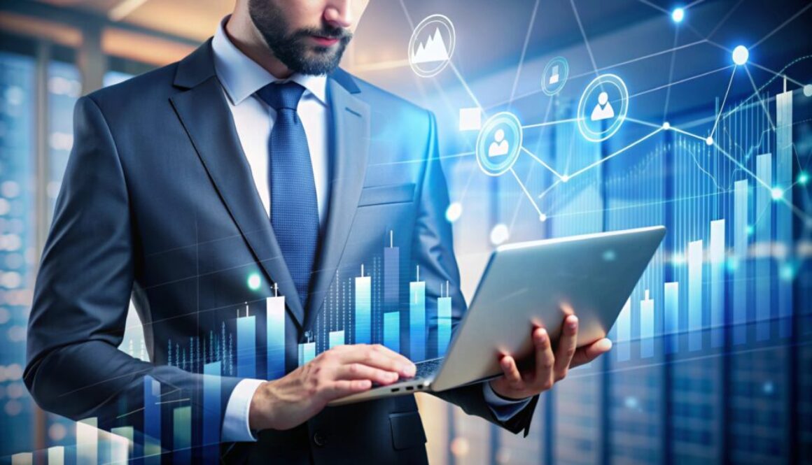 Businessman using laptop with data visualizations and charts.