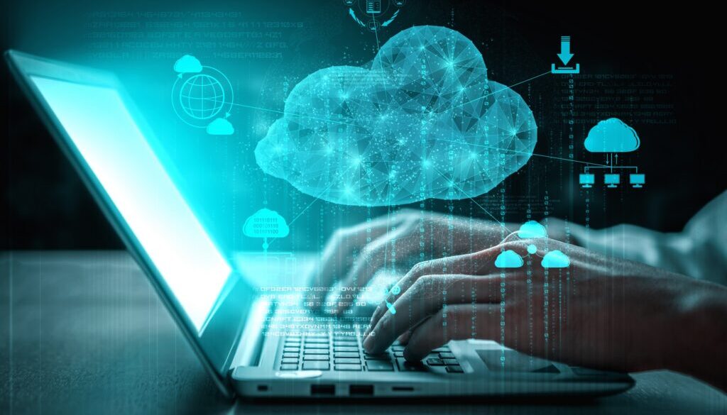 Cloud computing technology and online data storage for business network concept.